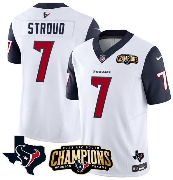 Men's Houston Texans #7 C.J. Stroud White/Navy 2023 F.U.S.E. AFC South Champions Patch And Team Logo Patch Vapor Untouchable Limited Stitched Football Jersey Men's Houston Texans #7 C.J. Stroud White/Navy 2023 F.U.S.E. AFC South Champions Patch And Team Logo Patch Vapor Untouchable Limited Stitched Football Jersey